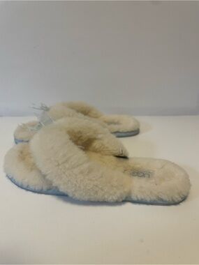 UGG Australia Fluff Flip Flop Sheepskin Slippers Ivory Blue Women’s US 6 EU 37